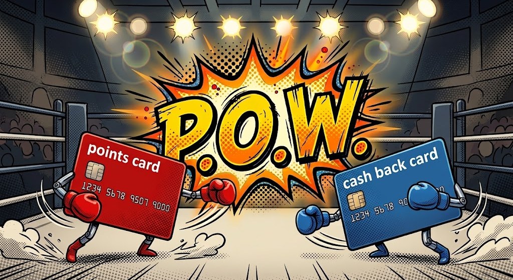 A points card and a cash back card facing off in a boxing ring, under a comic-book P.O.W. explosion